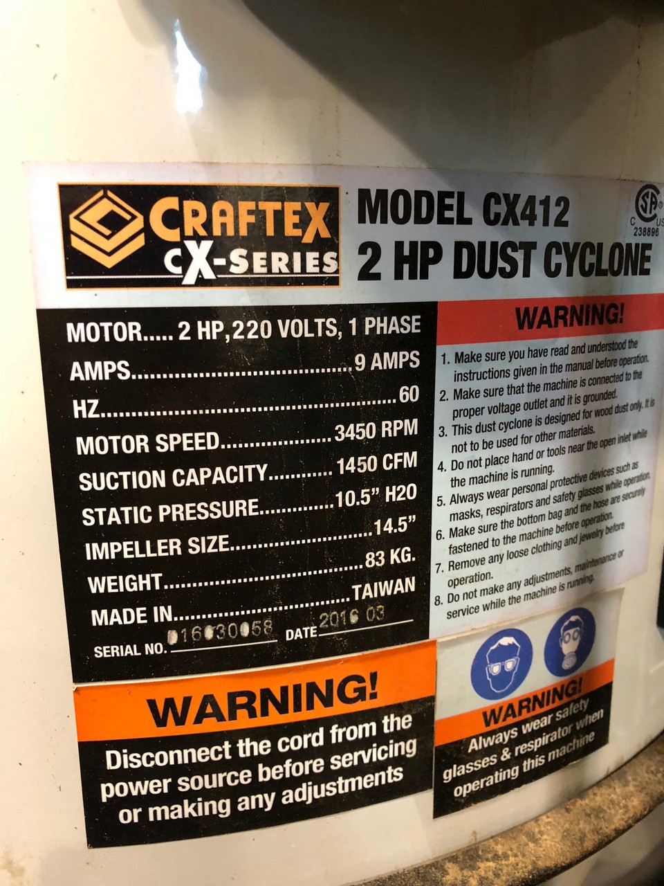 Used Craftex CX412 2 HP Cyclone Dust Collector Coast Machinery Group